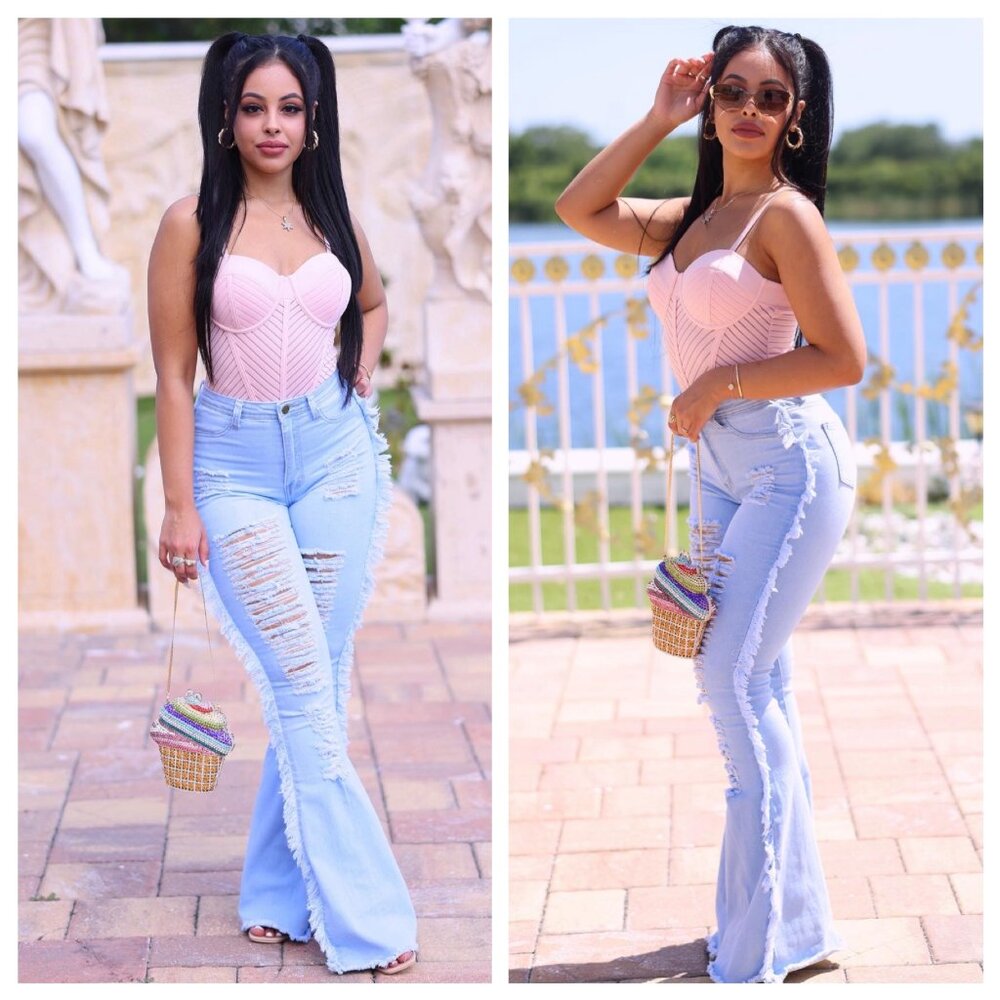 Karen Fringe Distress Wide Leg Denim Jeans Light Denim